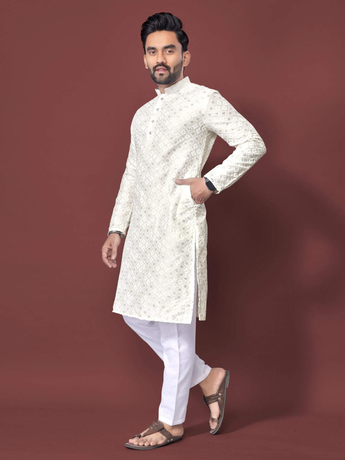 Soft silk fabric Thread embroidery with Sequins work Men's wear Kurta pajama