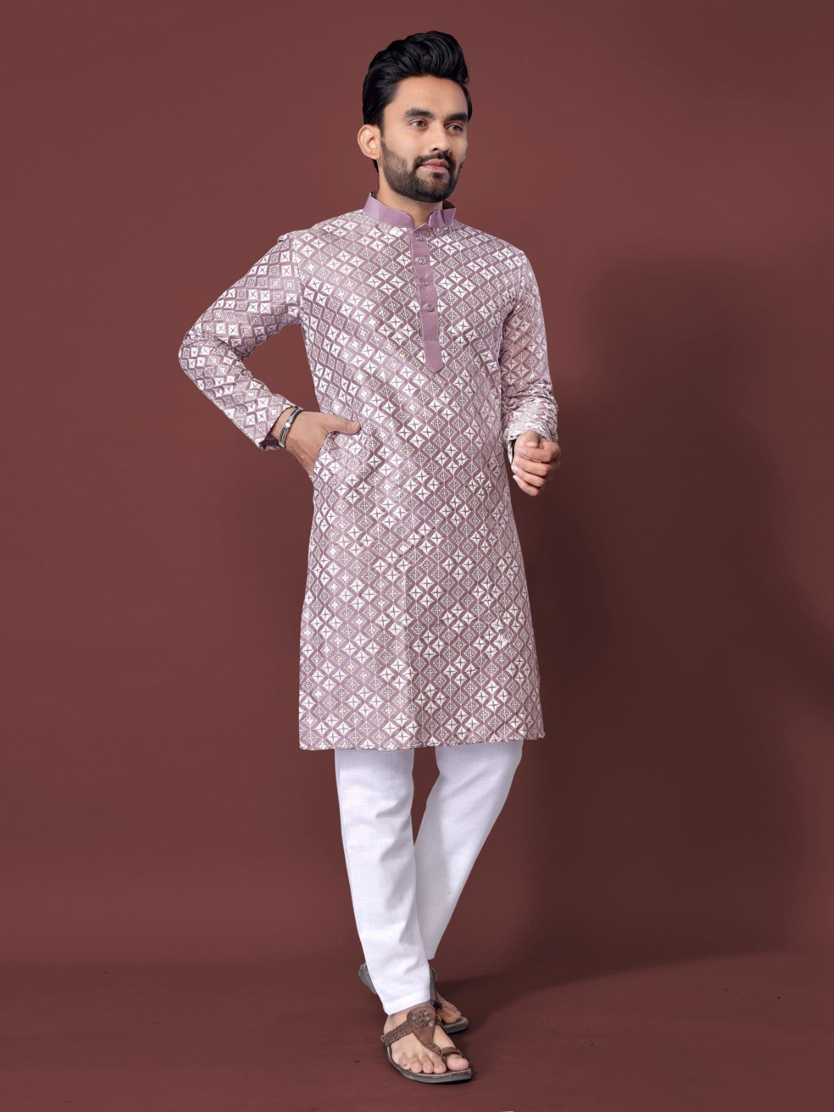 Soft silk fabric Thread embroidery with Sequins work Men's wear Kurta pajama