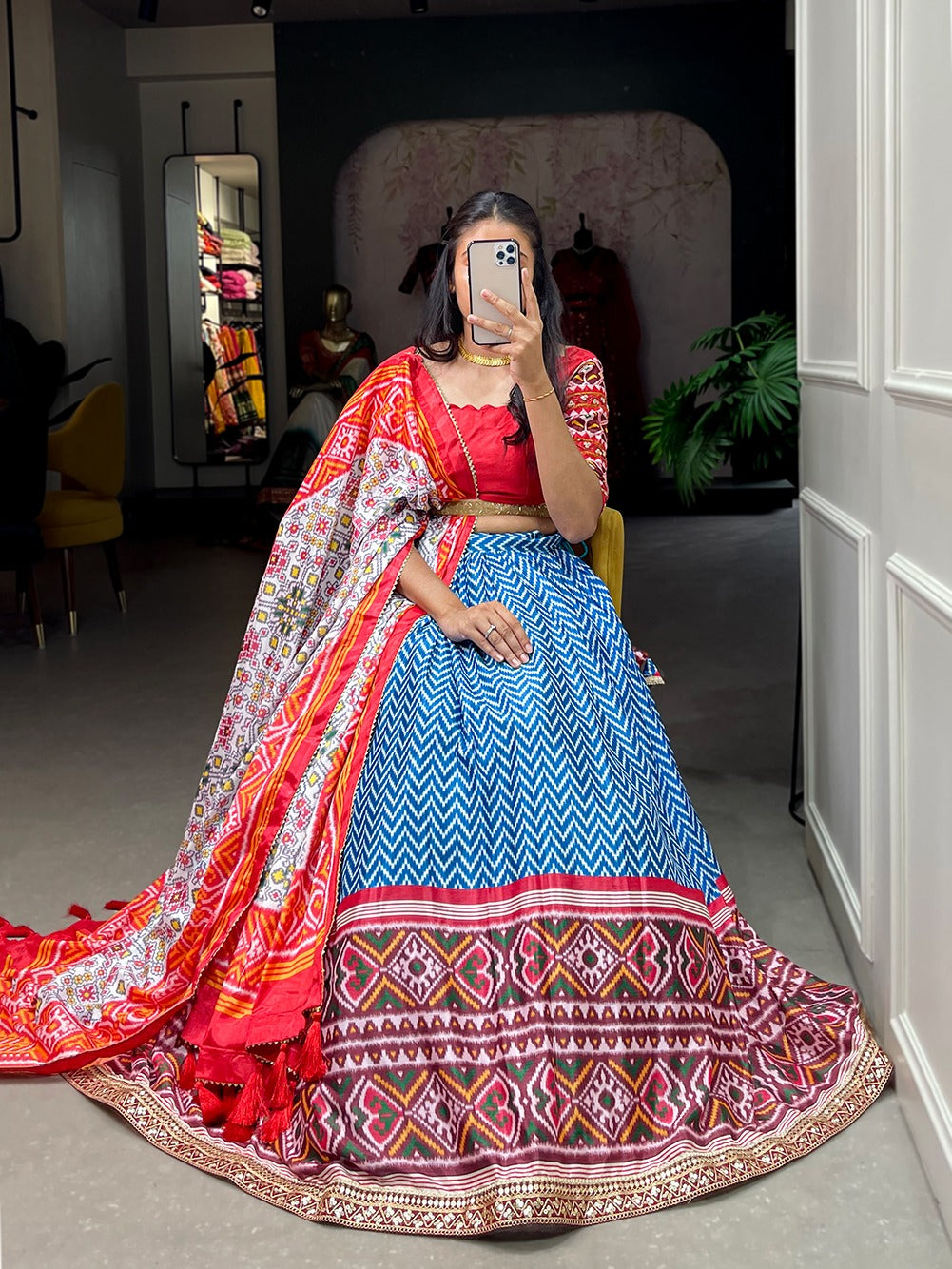 Chinon fabric Leheriya patola print with Sequins embroidery lace border Lehenga choli with Dupatta