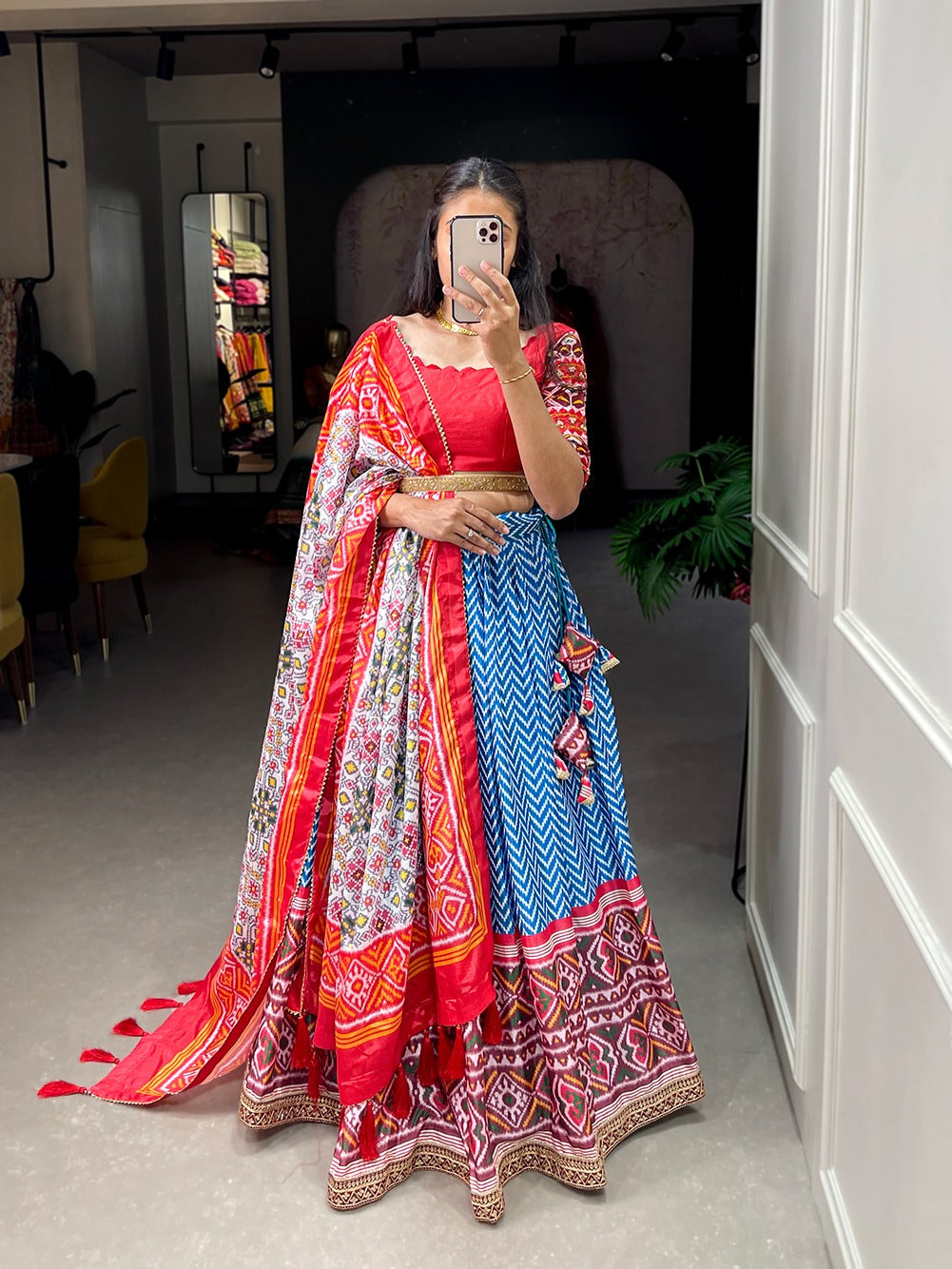 Chinon fabric Leheriya patola print with Sequins embroidery lace border Lehenga choli with Dupatta