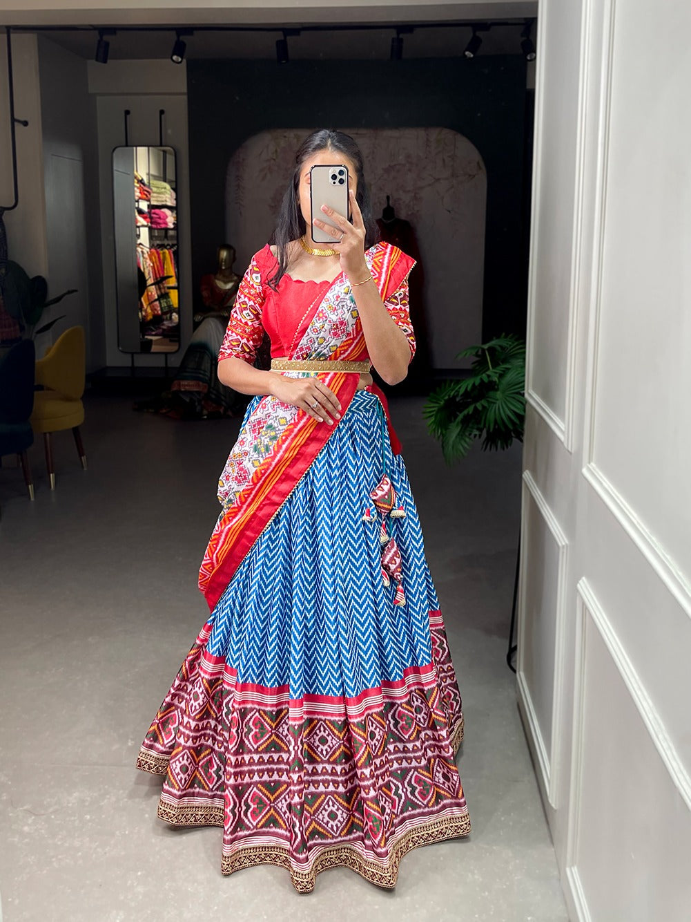 Chinon fabric Leheriya patola print with Sequins embroidery lace border Lehenga choli with Dupatta