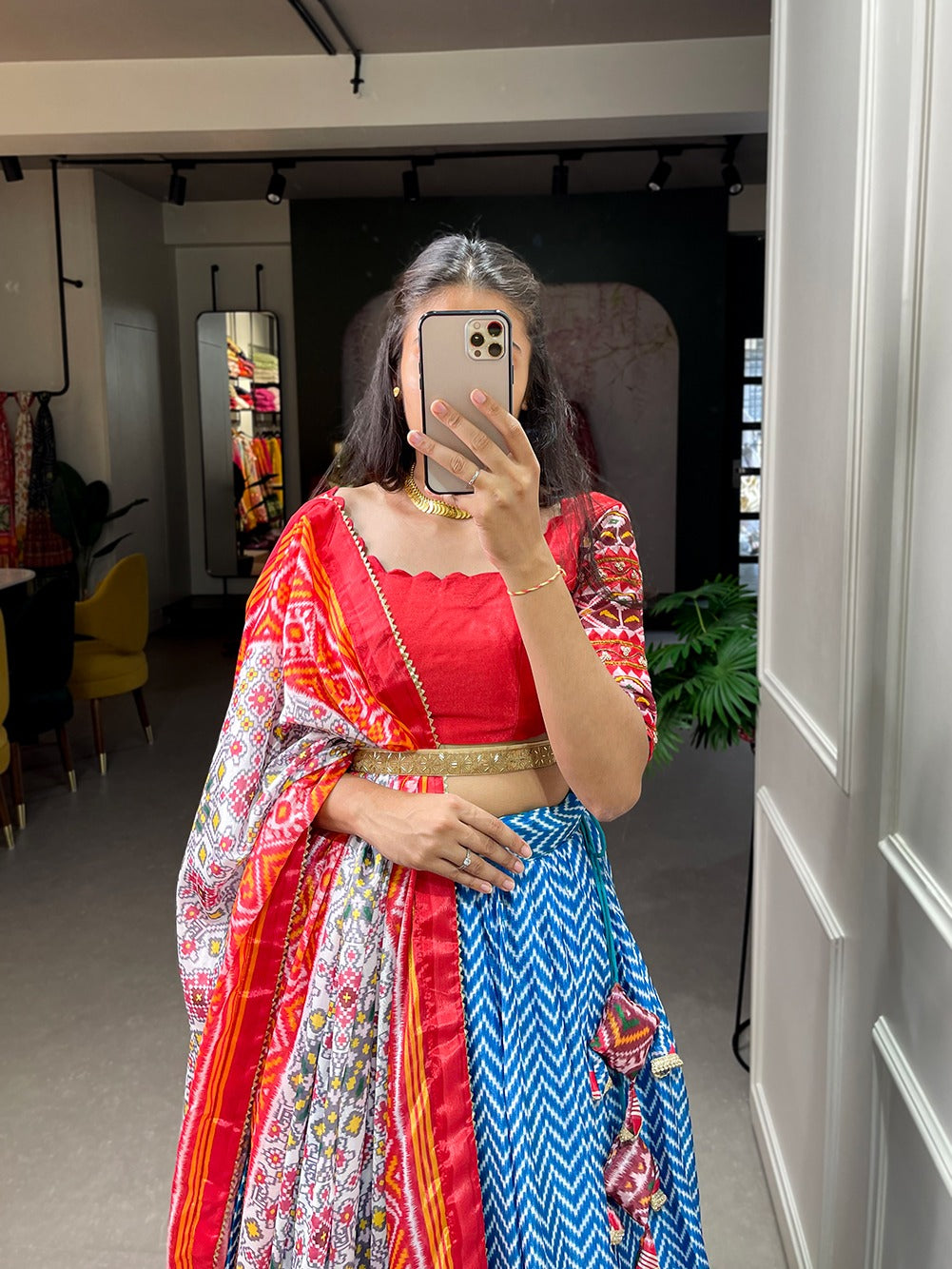 Chinon fabric Leheriya patola print with Sequins embroidery lace border Lehenga choli with Dupatta