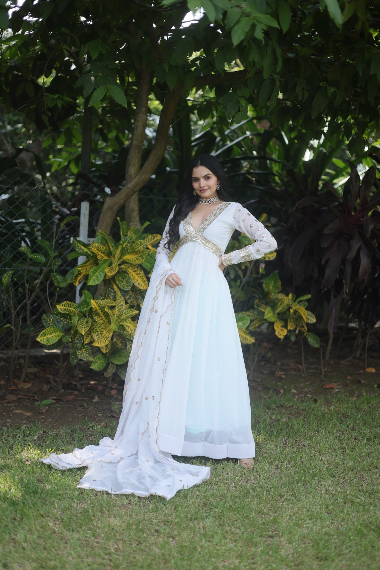 White Gown Alia cut Pattern with Dupatta Set