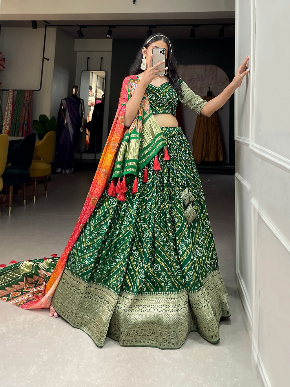 Printed Lehenga choli Viscose dola silk lehenga with Zari weaving border