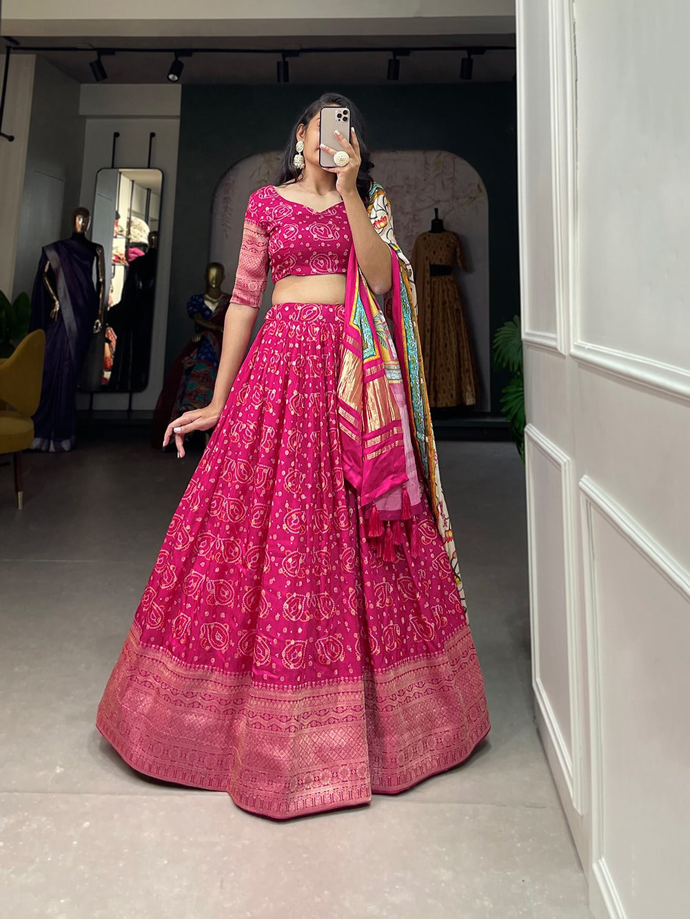 Printed Lehenga choli Viscose dola silk lehenga with Zari weaving border