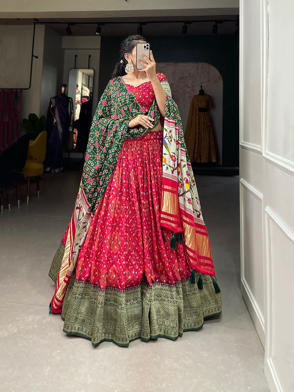 Printed Lehenga choli Viscose dola silk lehenga with Zari weaving border