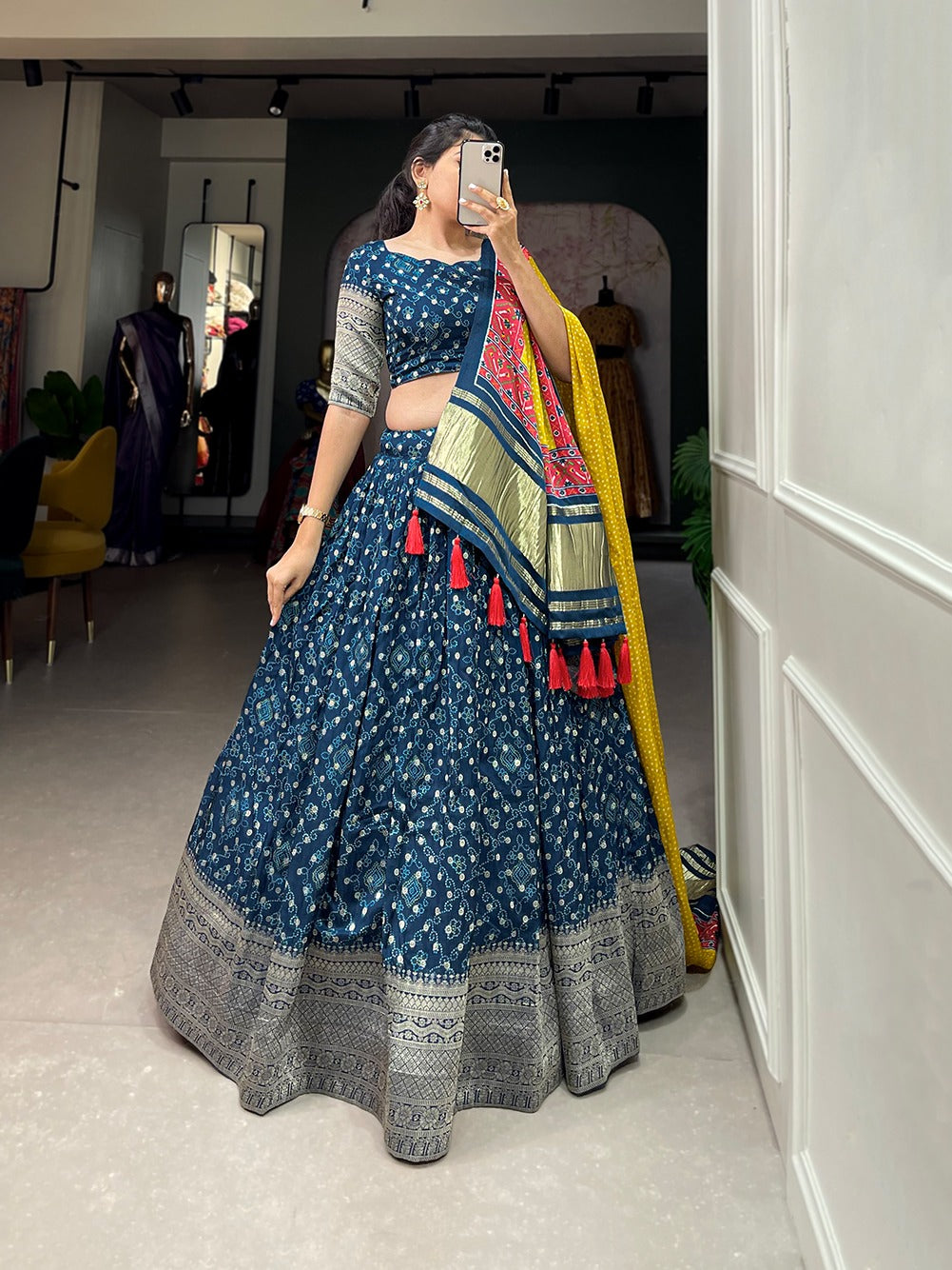 Printed Lehenga choli Viscose dola silk lehenga with Zari weaving border