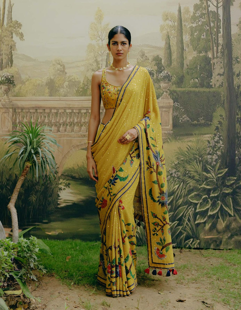 Yellow Bollywood style saree Georgette fabric Digital print with sequin work sari