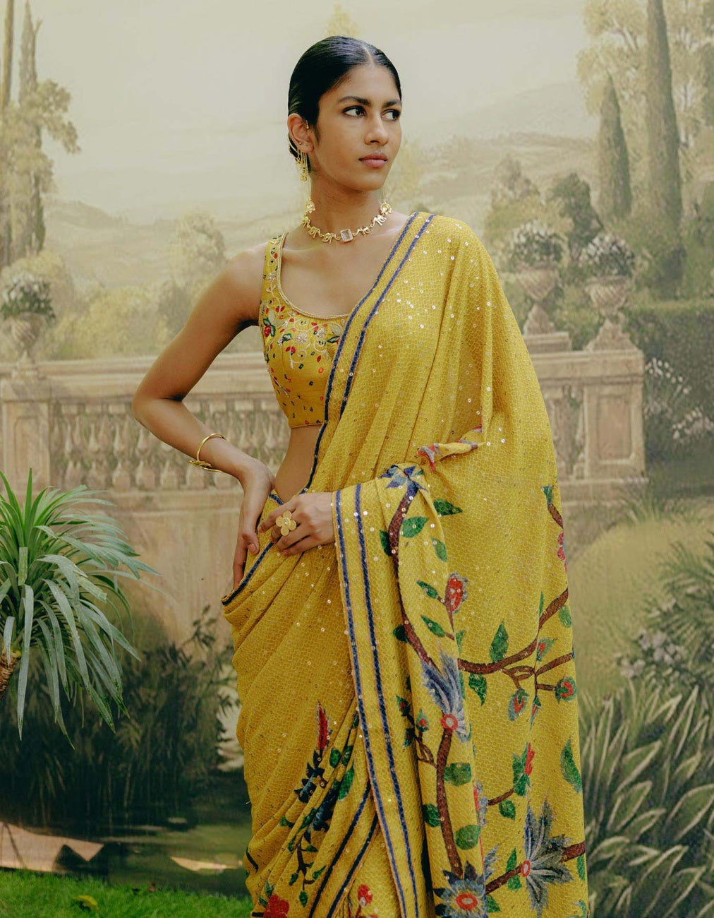 Yellow Bollywood style saree Georgette fabric Digital print with sequin work sari