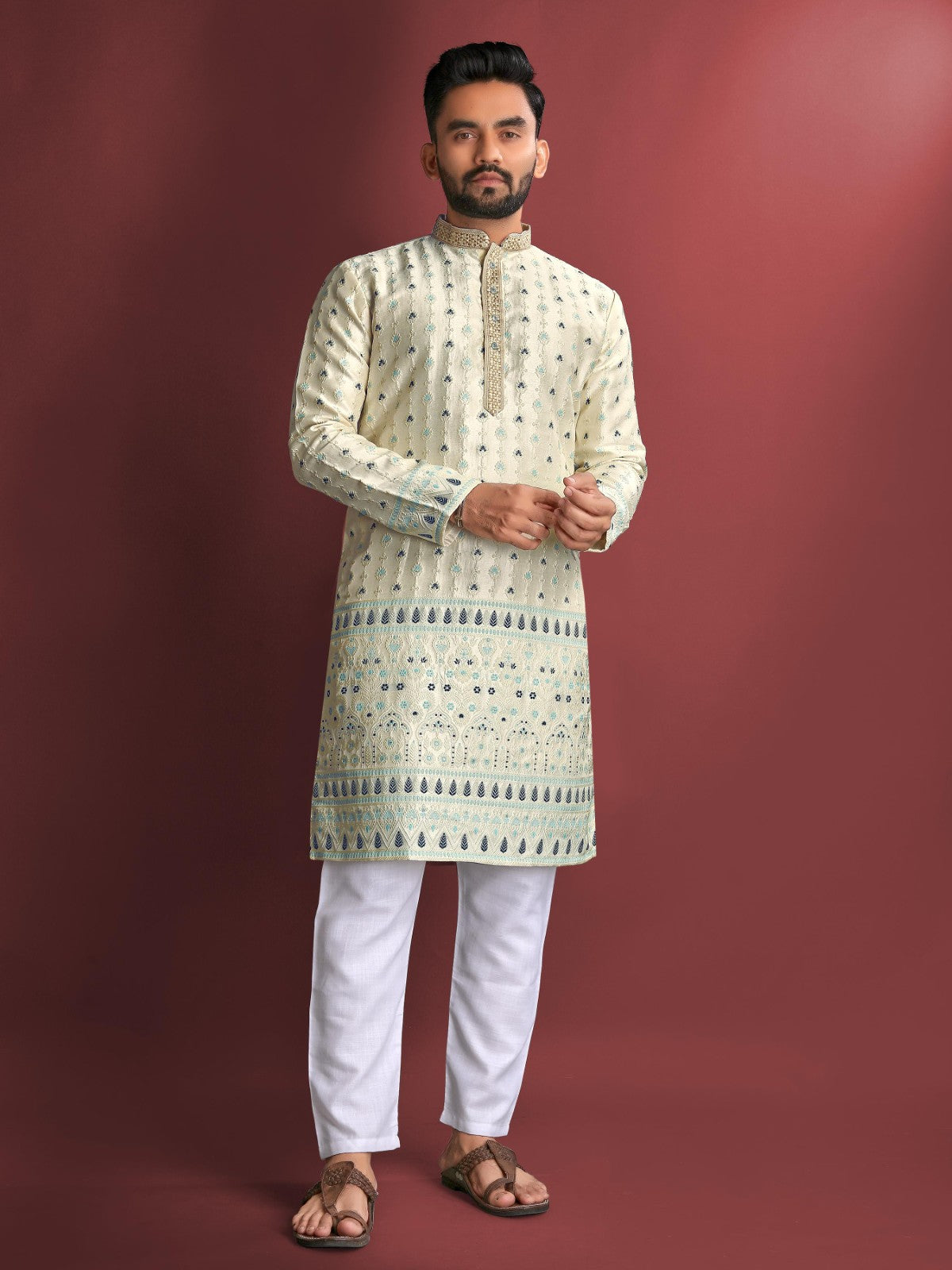 Men's kurta pajama set Embroidery thread work Jacquard silk fabric