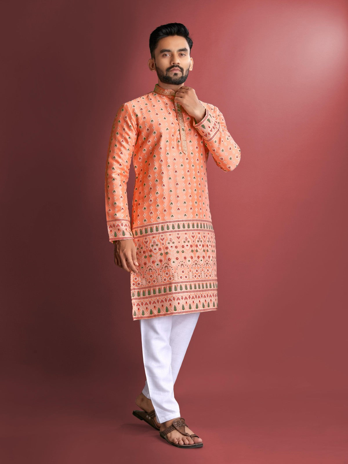 Men's kurta pajama set Embroidery thread work Jacquard silk fabric