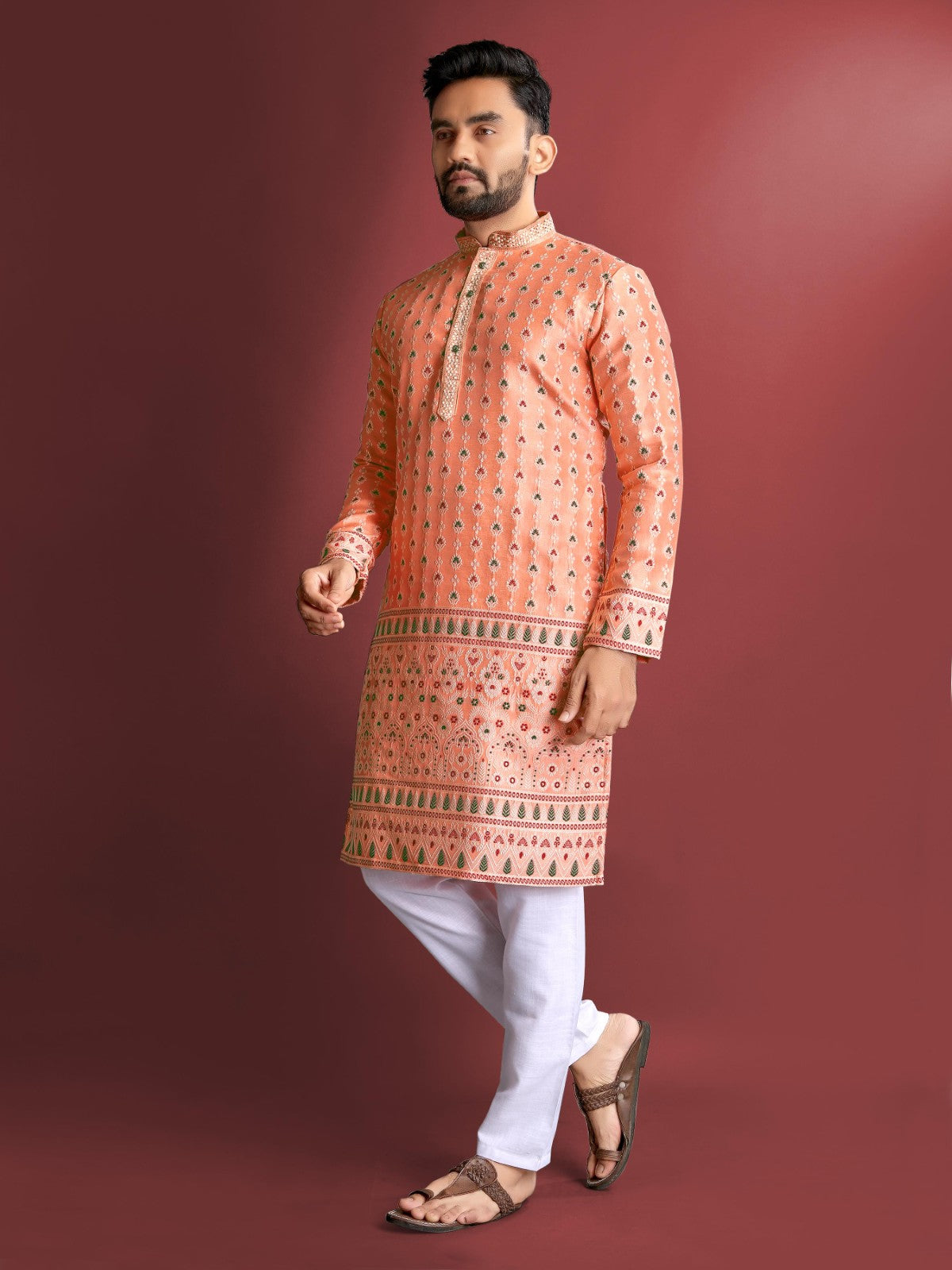 Men's kurta pajama set Embroidery thread work Jacquard silk fabric