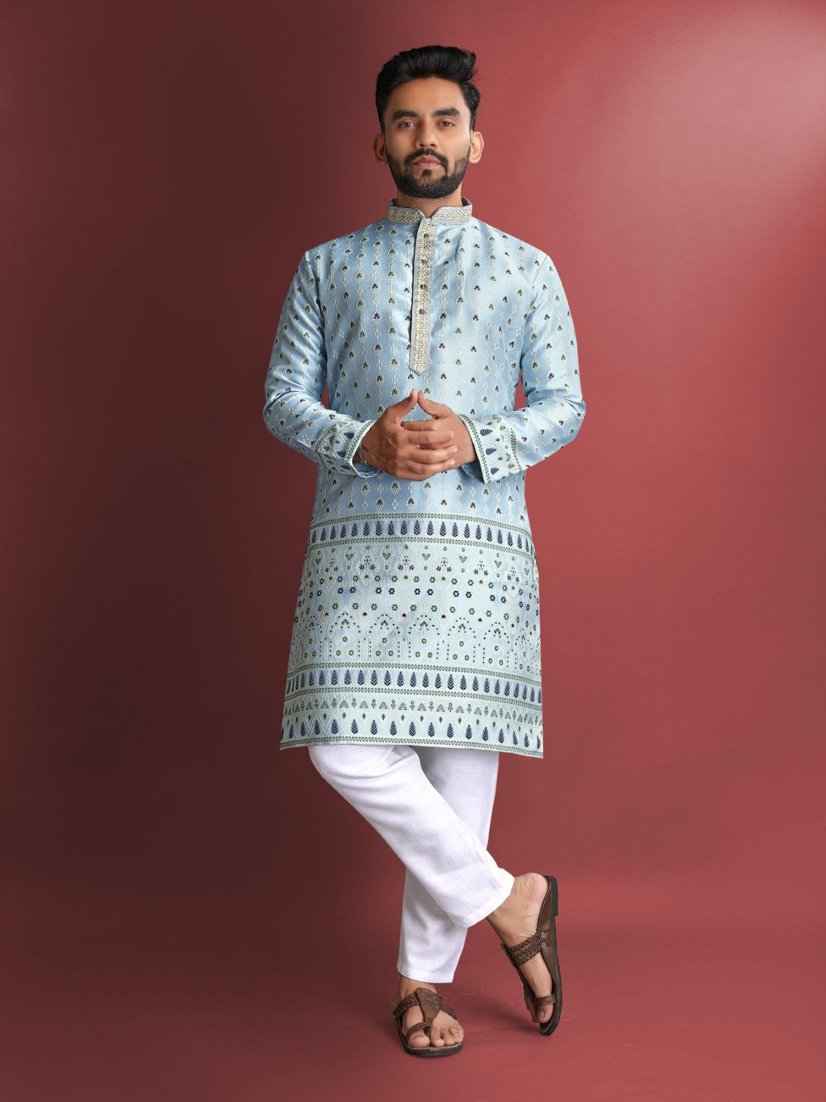 Men's kurta pajama set Embroidery thread work Jacquard silk fabric