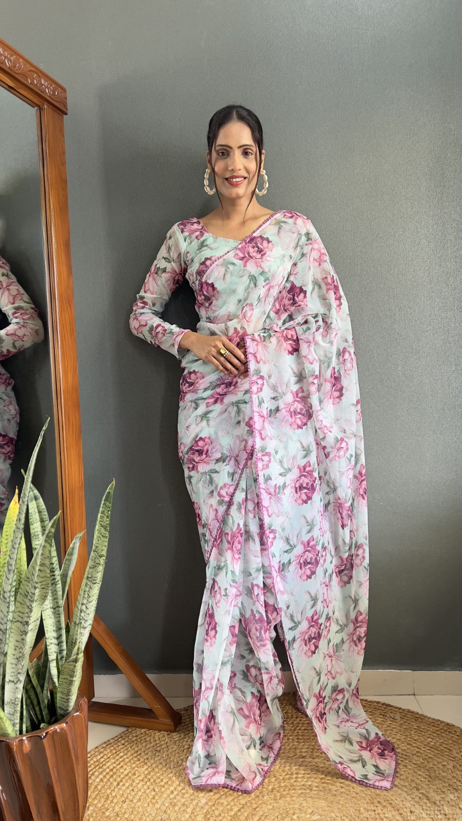 Fox georgette fabric Digital print with lace work saree