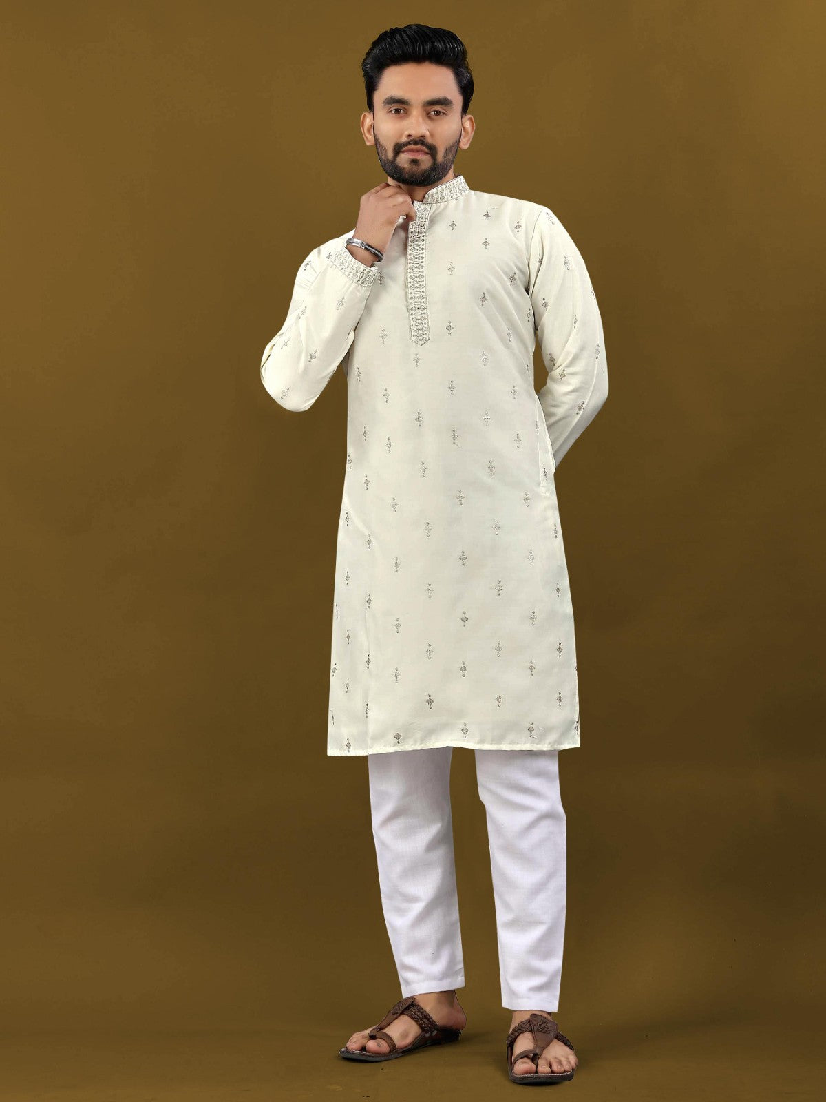 Men's wear Silk fabric Zari with Embroidery buti work Kurta pajama set
