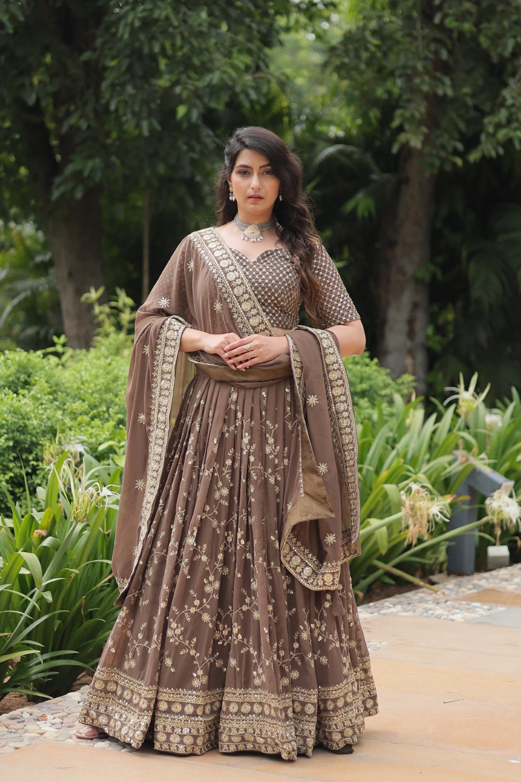 Faux Blooming fabric Sequins with thread embroidery work Lehenga choli with Dupatta