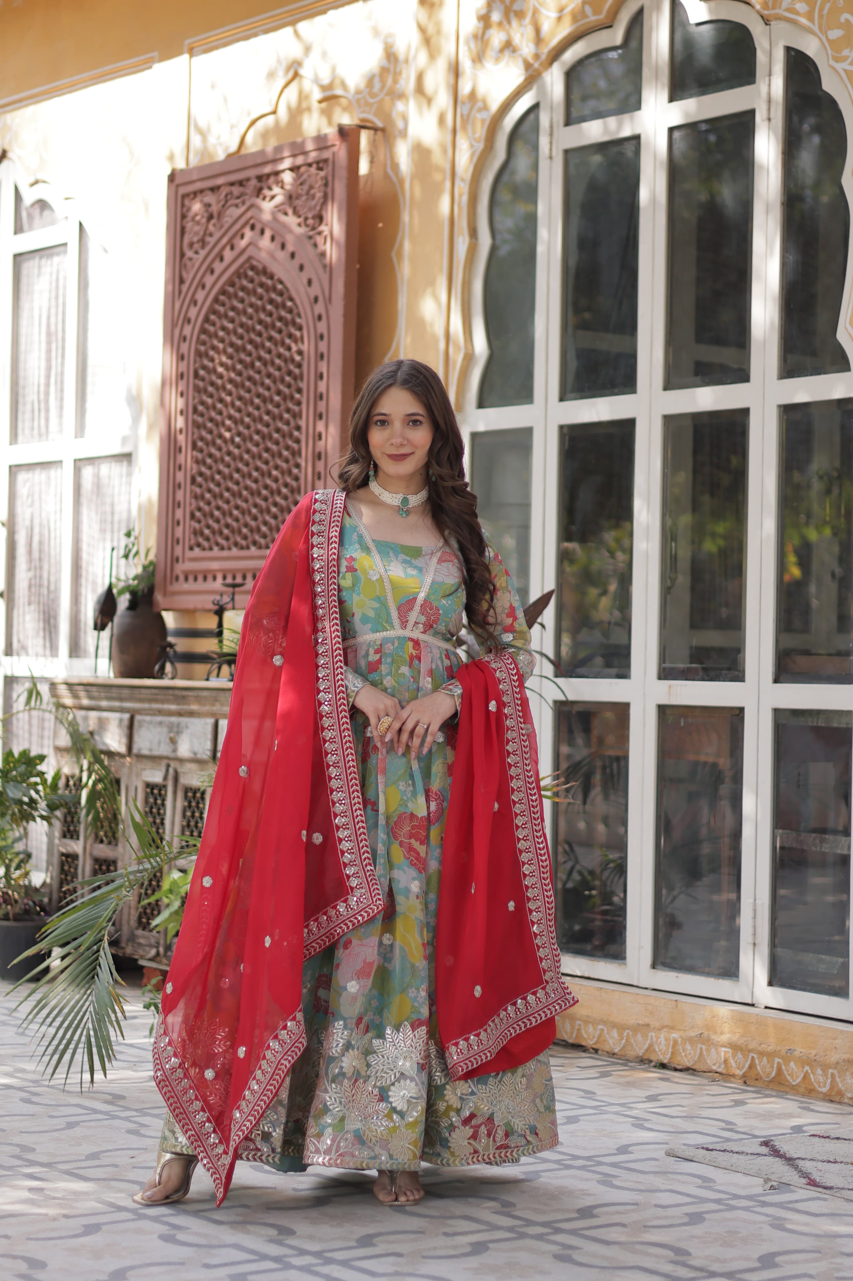 Anarkali suit Russian silk printed with Zari embroidery work gown Salwar kameez