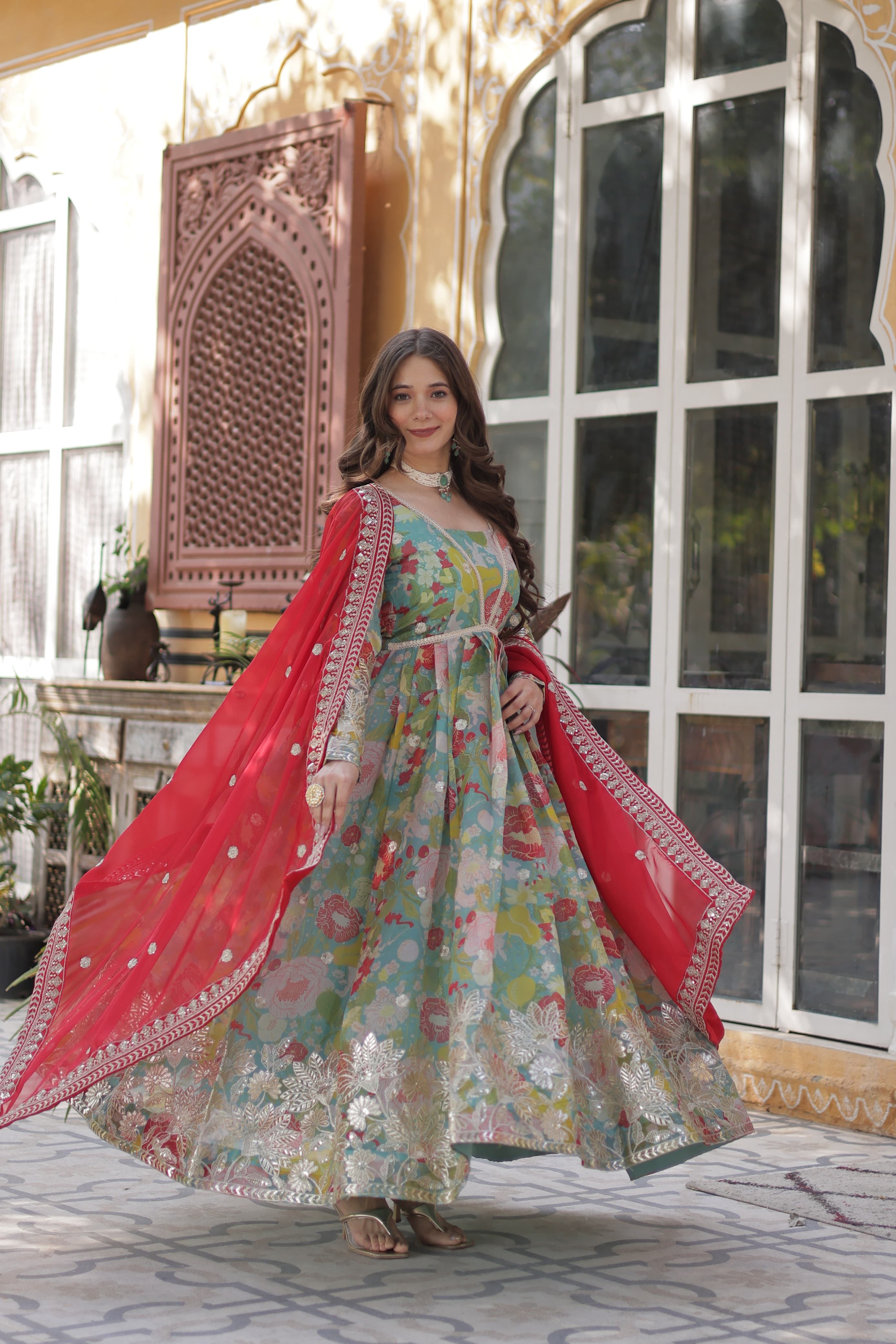 Anarkali suit Russian silk printed with Zari embroidery work gown Salwar kameez