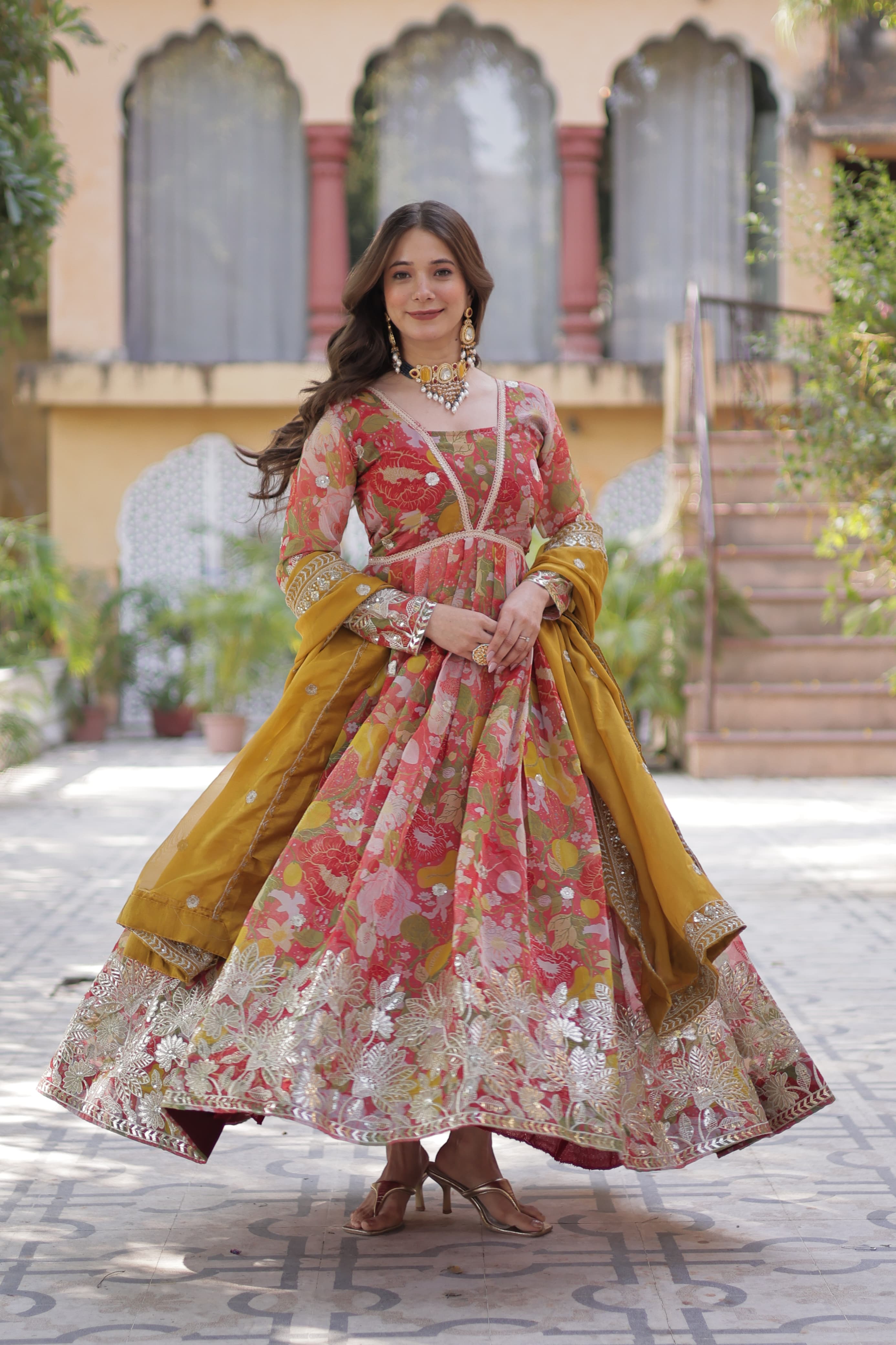 Anarkali suit Russian silk printed with Zari embroidery work gown Salwar kameez