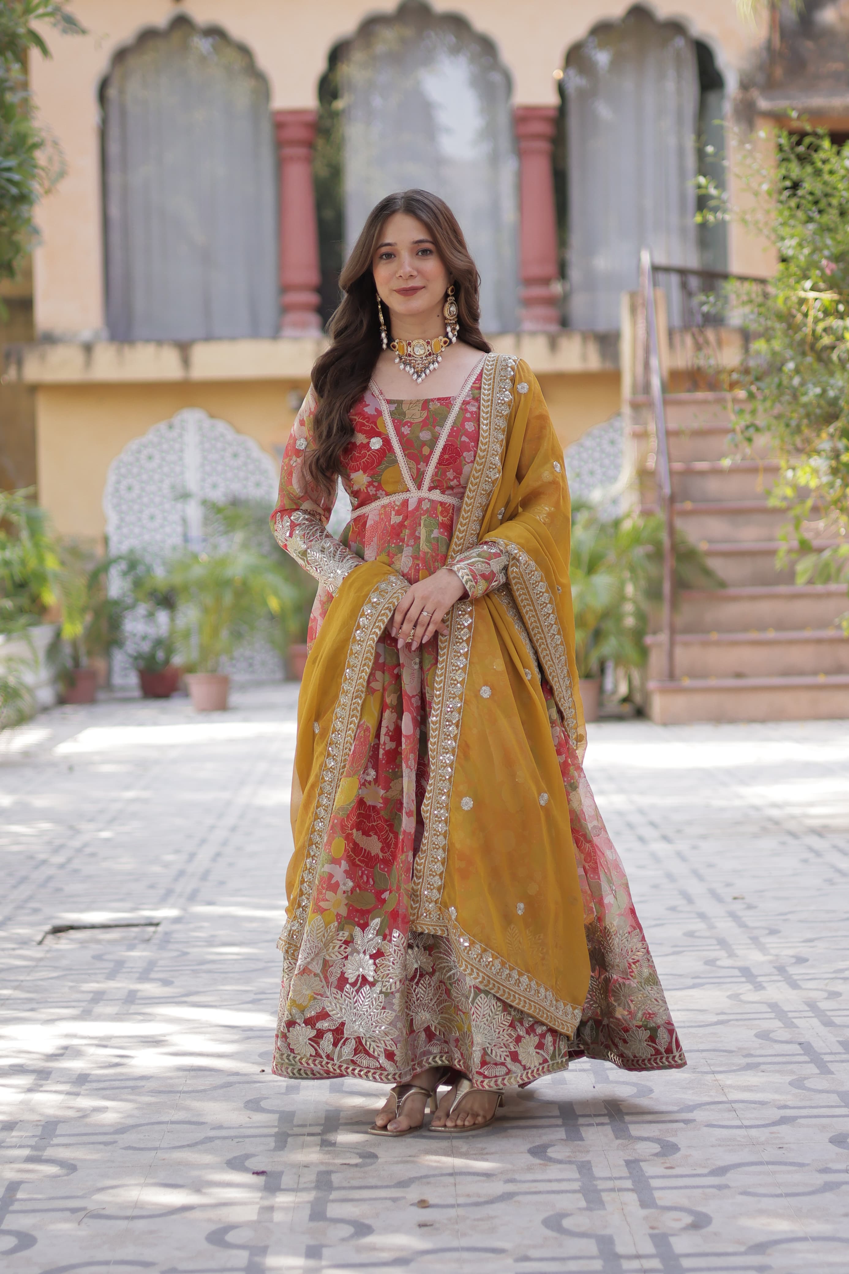 Anarkali suit Russian silk printed with Zari embroidery work gown Salwar kameez