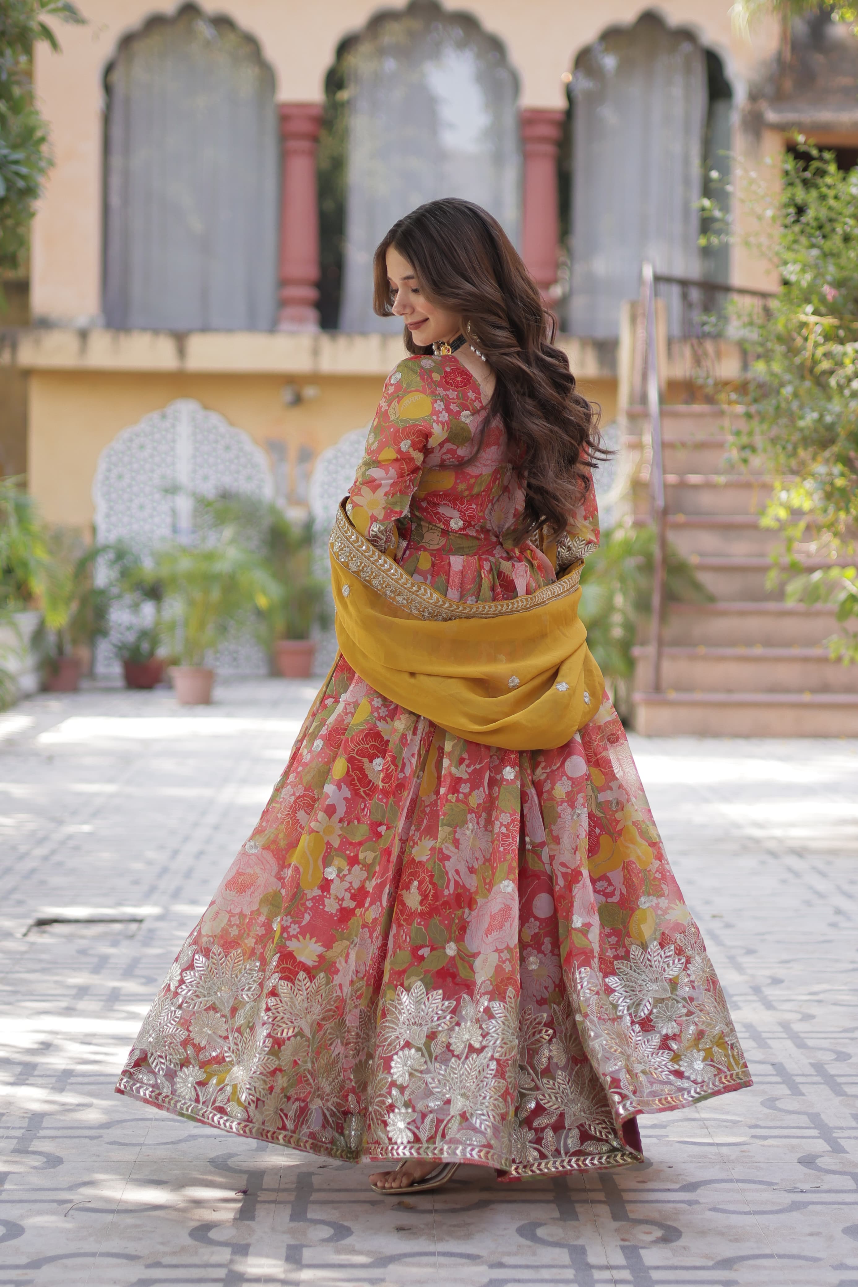 Anarkali suit Russian silk printed with Zari embroidery work gown Salwar kameez