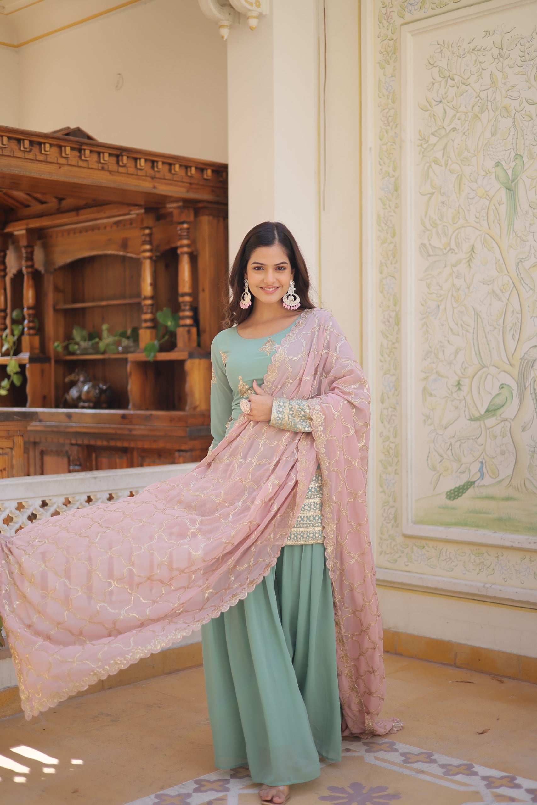 Faux georgette with Sequins thread embroidered work Suit Pakistani salwar kameez