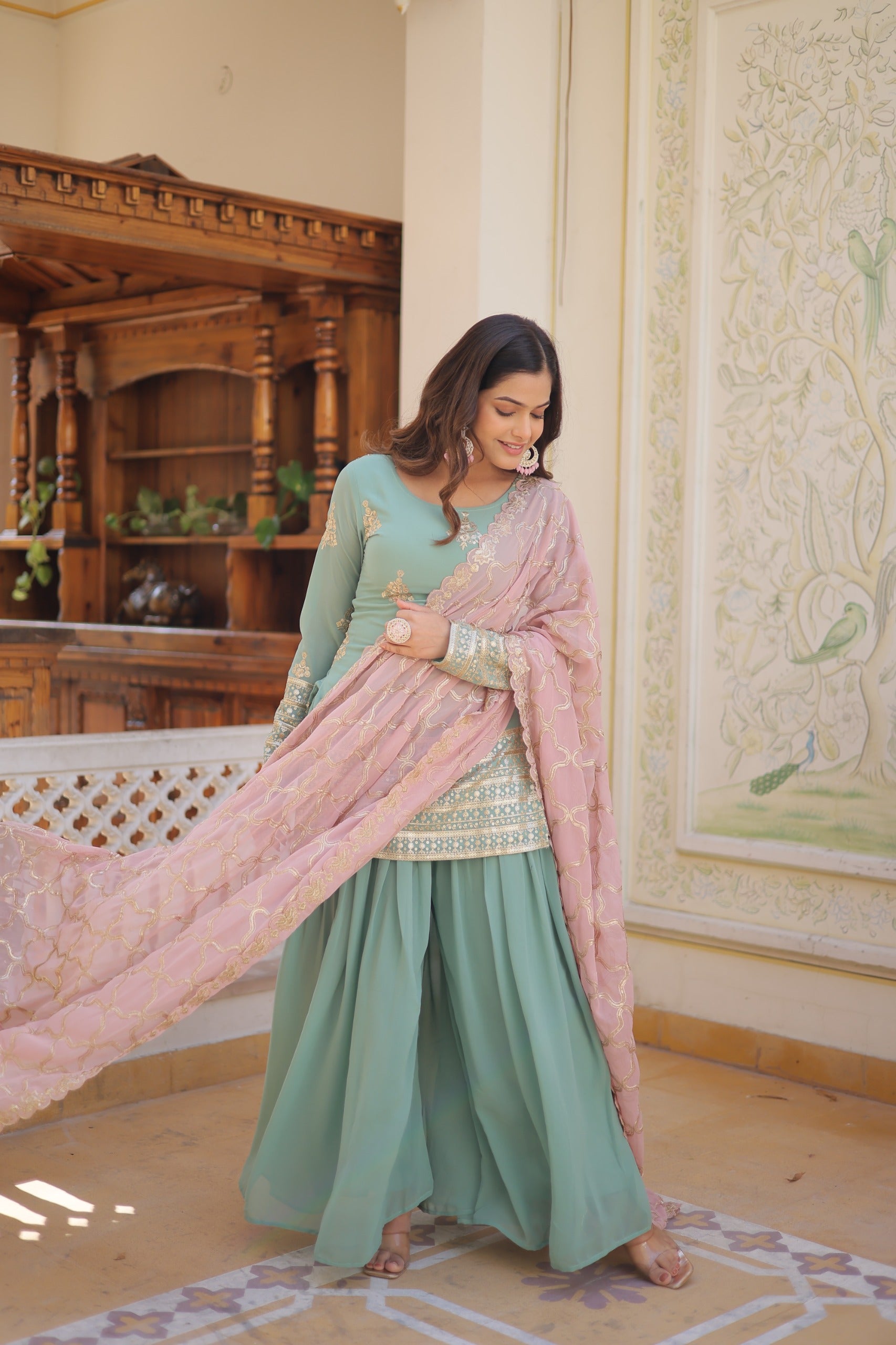 Faux georgette with Sequins thread embroidered work Suit Pakistani salwar kameez