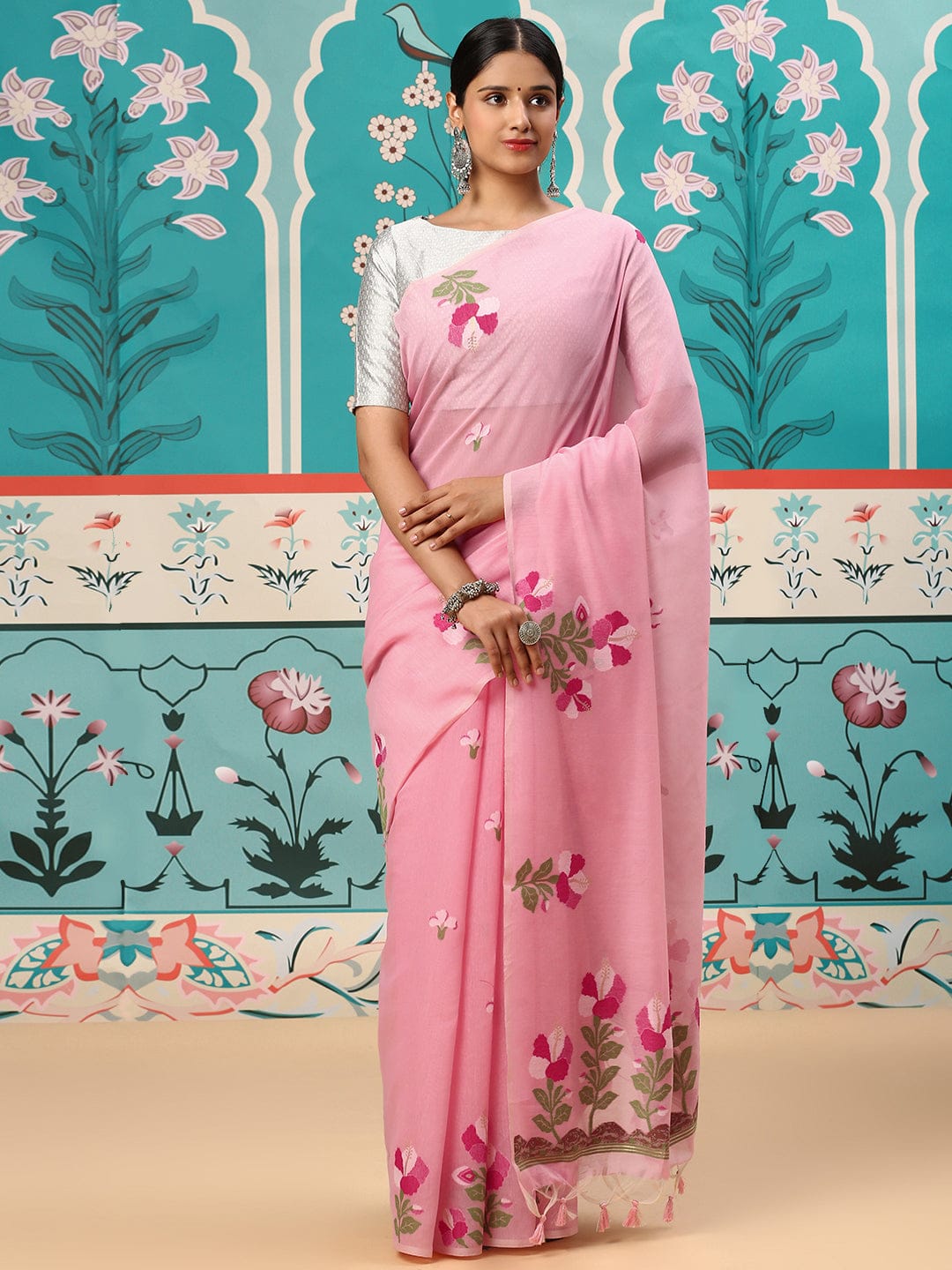 Premium soft cotton fabric saree with Classic floral weaving pallu work sari