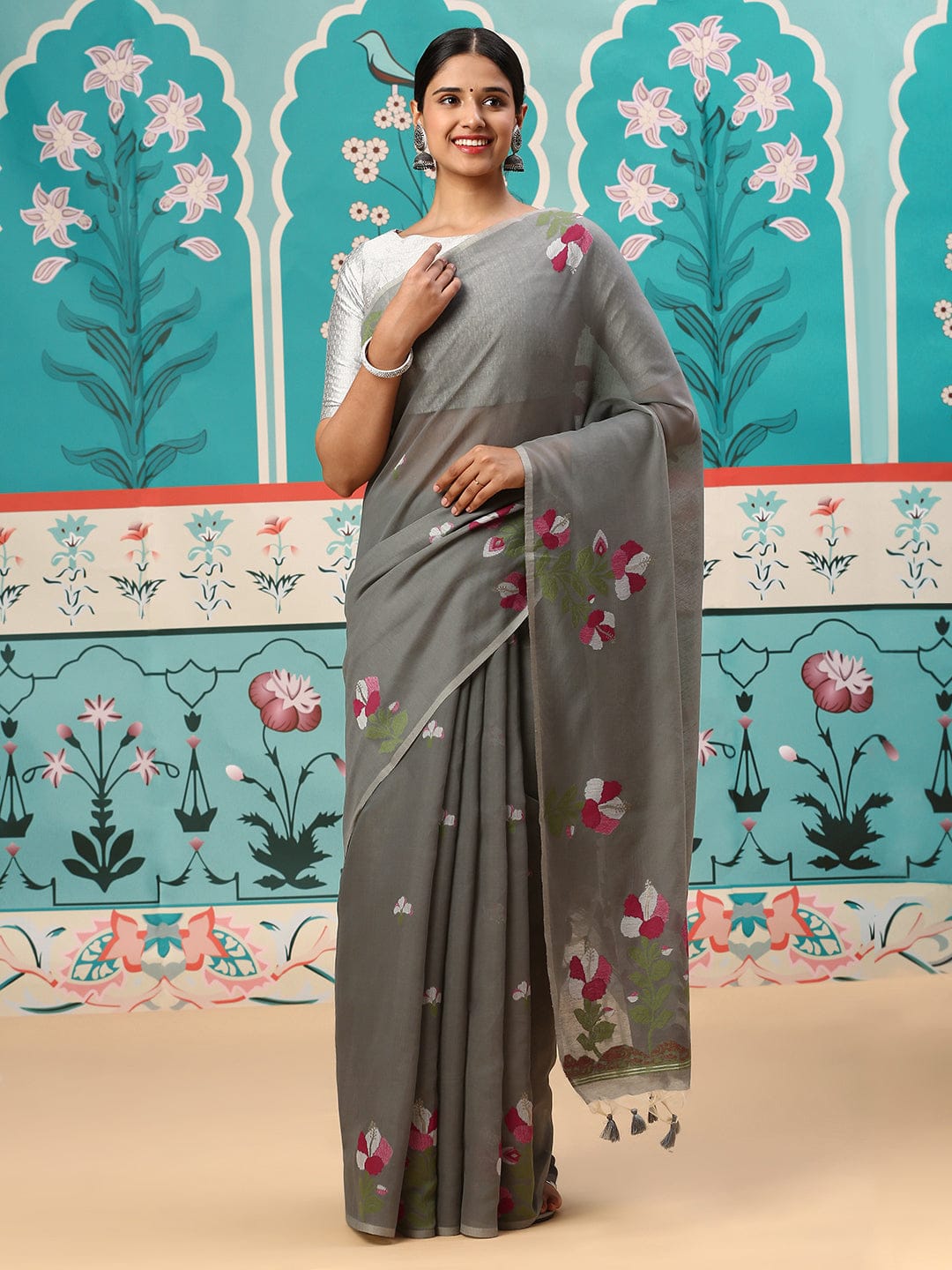 Premium soft cotton fabric saree with Classic floral weaving pallu work sari