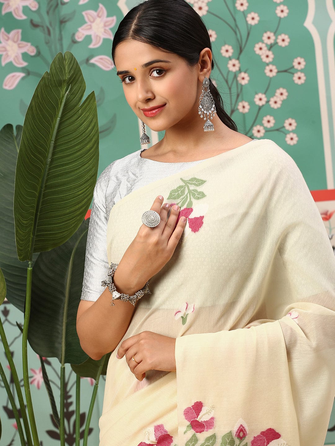 Premium soft cotton fabric saree with Classic floral weaving pallu work sari