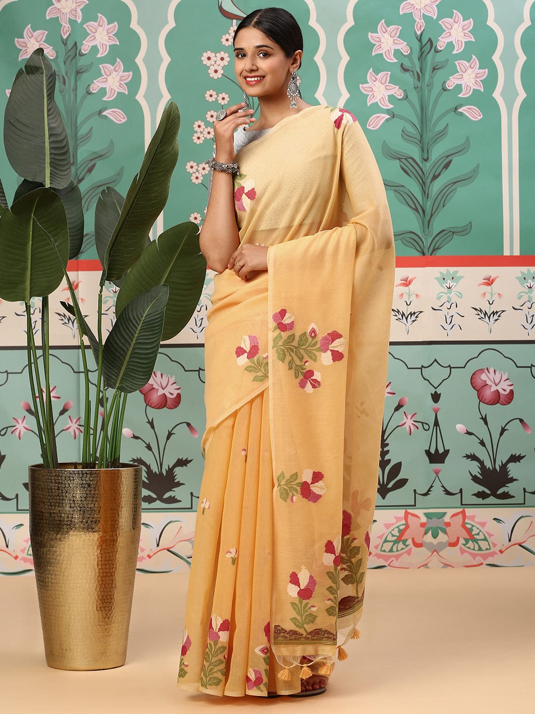 Premium soft cotton fabric saree with Classic floral weaving pallu work sari