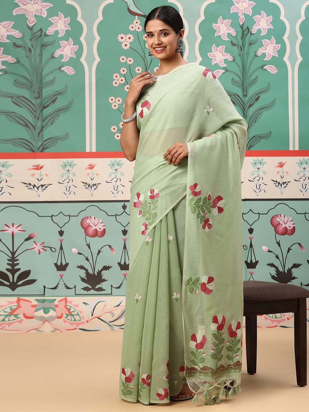 Premium soft cotton fabric saree with Classic floral weaving pallu work sari