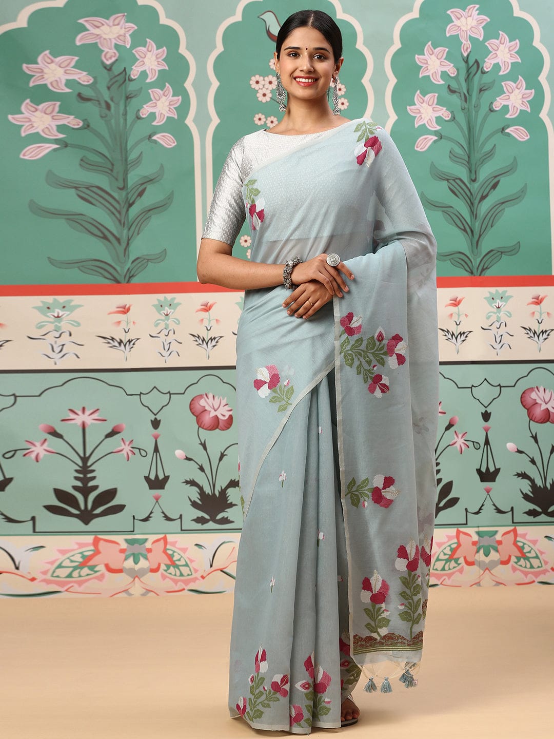 Premium soft cotton fabric saree with Classic floral weaving pallu work sari