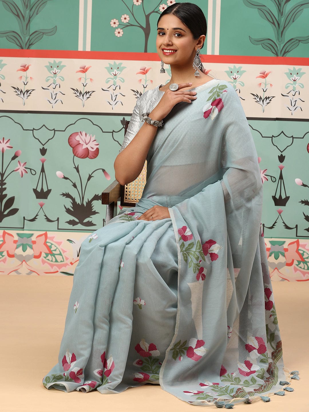 Premium soft cotton fabric saree with Classic floral weaving pallu work sari
