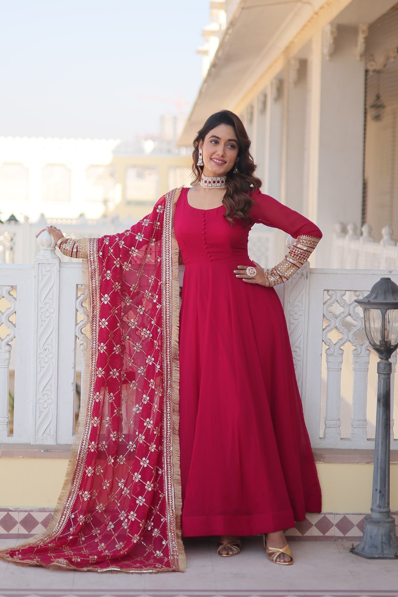 Readymade Gown with Designer Dupatta Georgette Fabric with Embroidered work
