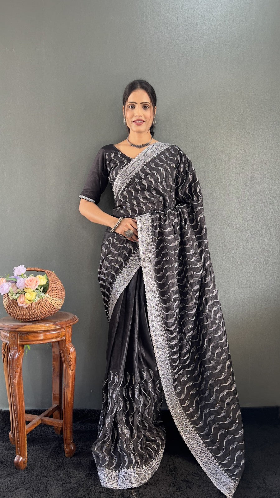Premium chinon silk fabric Embroidery with sequins cut work Ready to wear saree