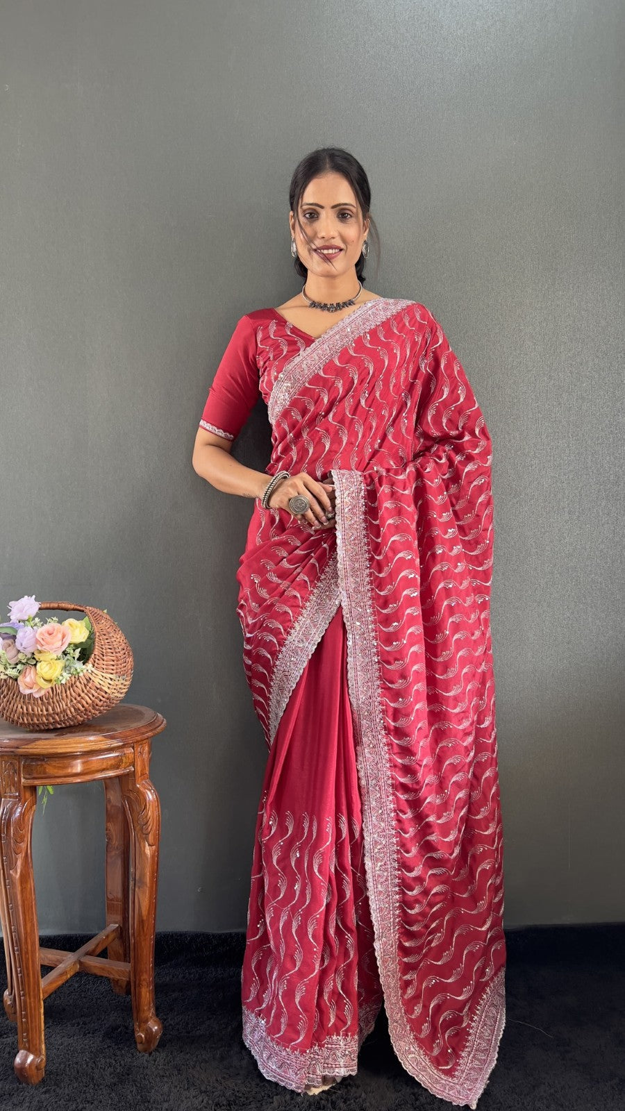 Premium chinon silk fabric Embroidery with sequins cut work Ready to wear saree