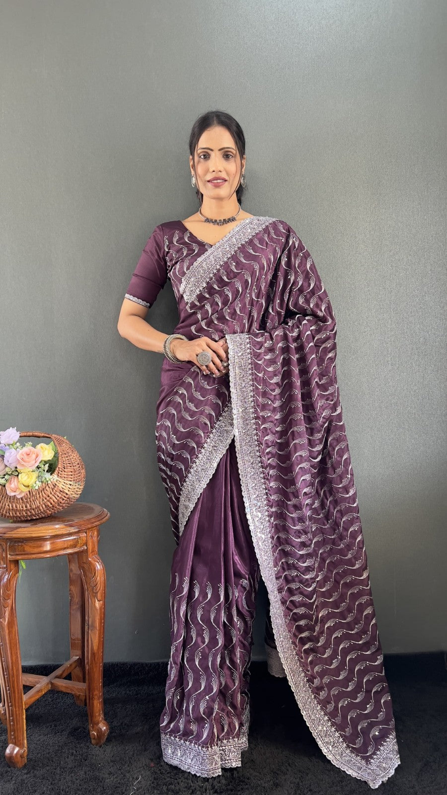 Premium chinon silk fabric Embroidery with sequins cut work Ready to wear saree