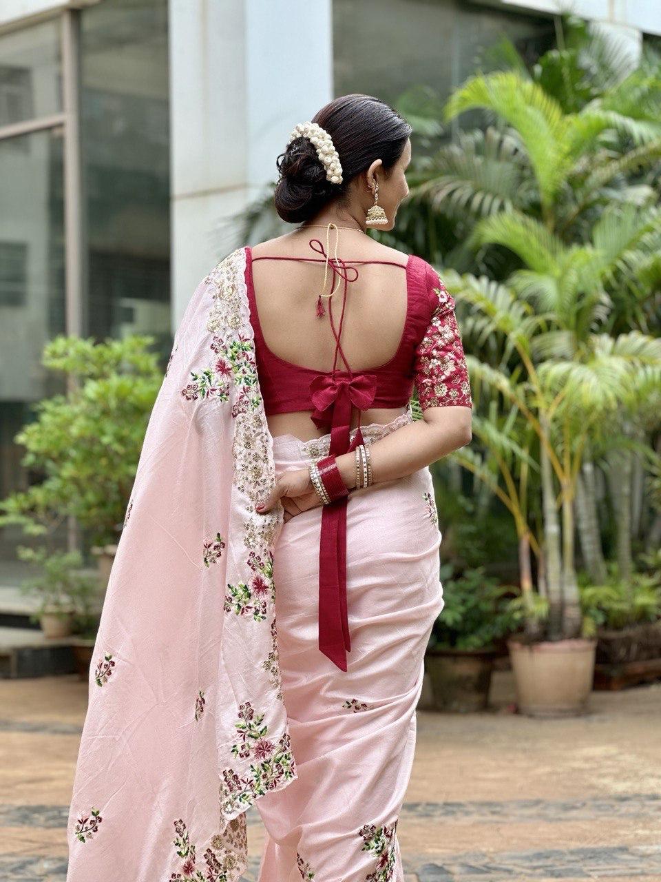 Light pink saree Soft dola silk fabric White coding embroidery work saree