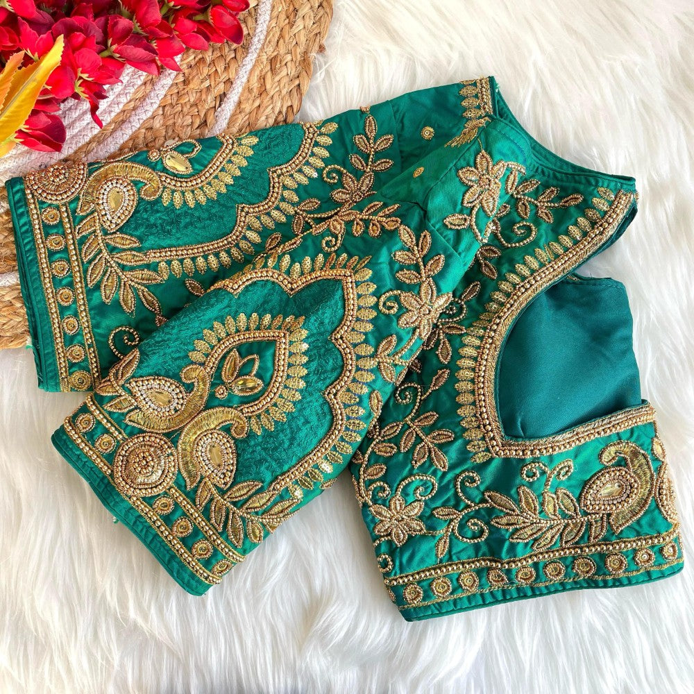 Heavy embroidery work blouse  Banarasi silk fabric U neck padded women's wear blouse