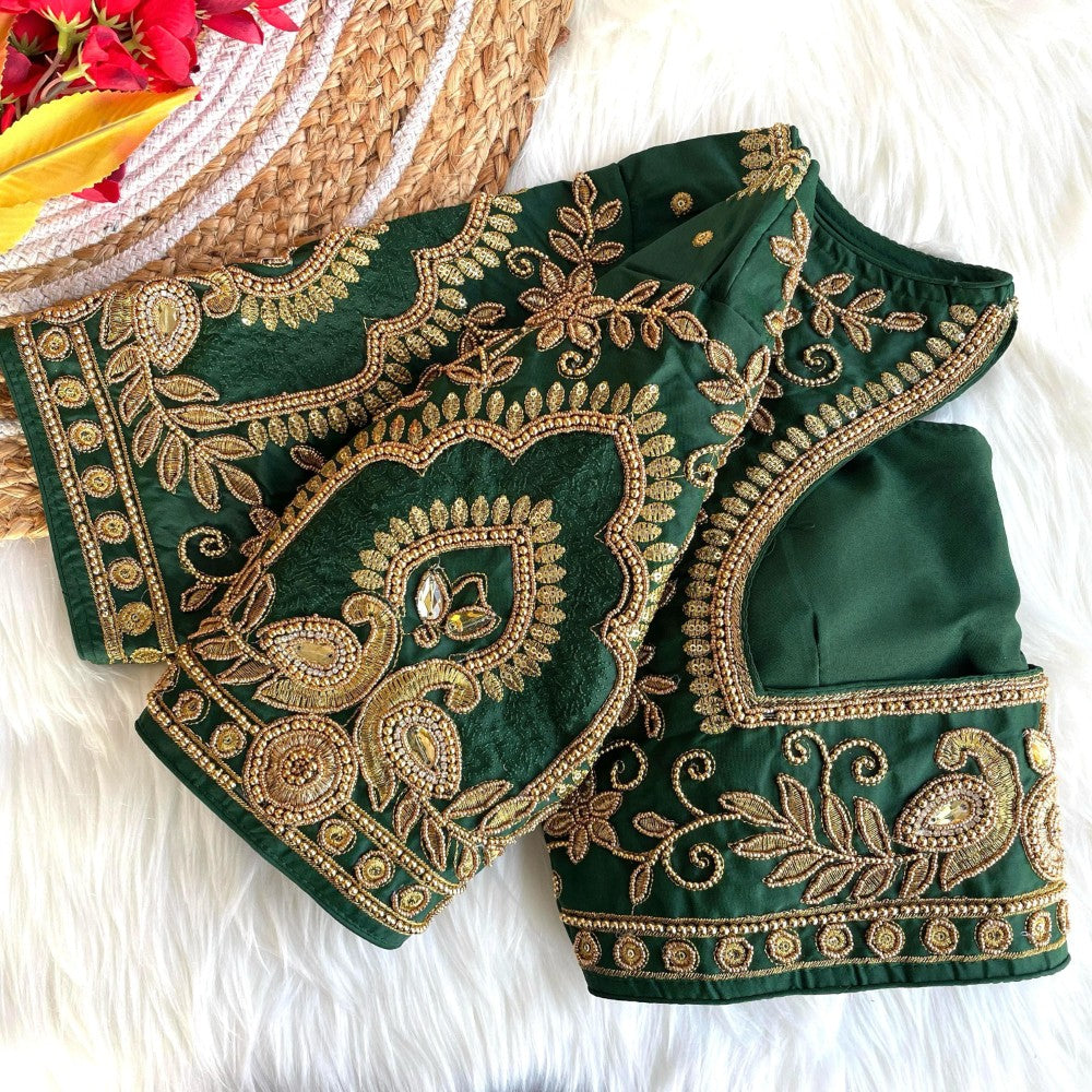 Heavy embroidery work blouse  Banarasi silk fabric U neck padded women's wear blouse