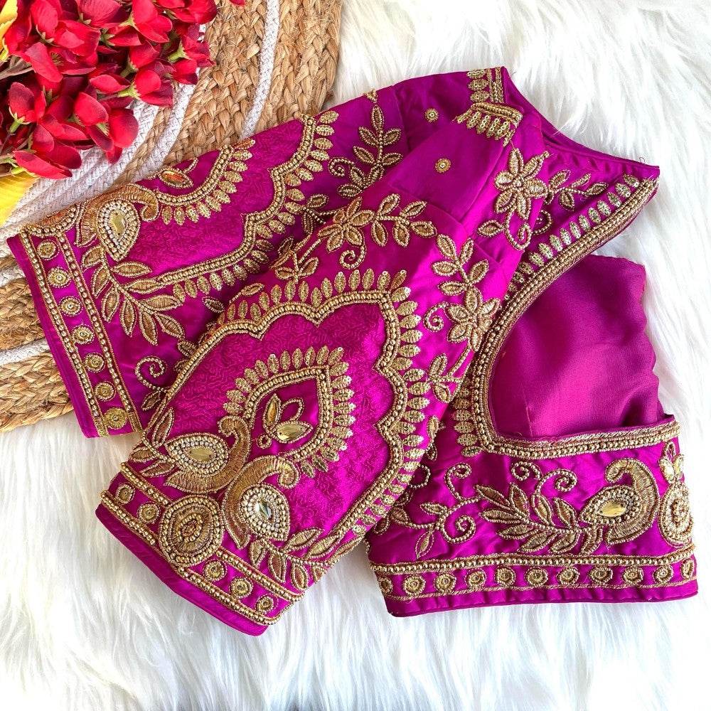 Heavy embroidery work blouse  Banarasi silk fabric U neck padded women's wear blouse