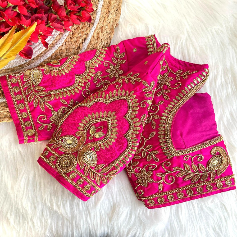 Heavy embroidery work blouse  Banarasi silk fabric U neck padded women's wear blouse