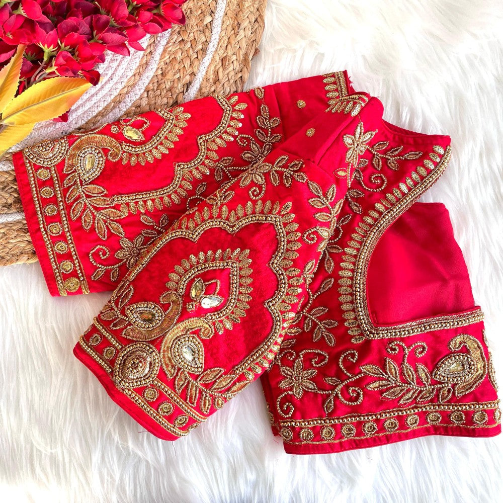Heavy embroidery work blouse  Banarasi silk fabric U neck padded women's wear blouse