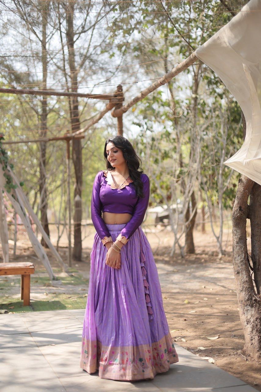 Pure dyable viscose Jacquard with Kalamkari Zari border Lehenga choli