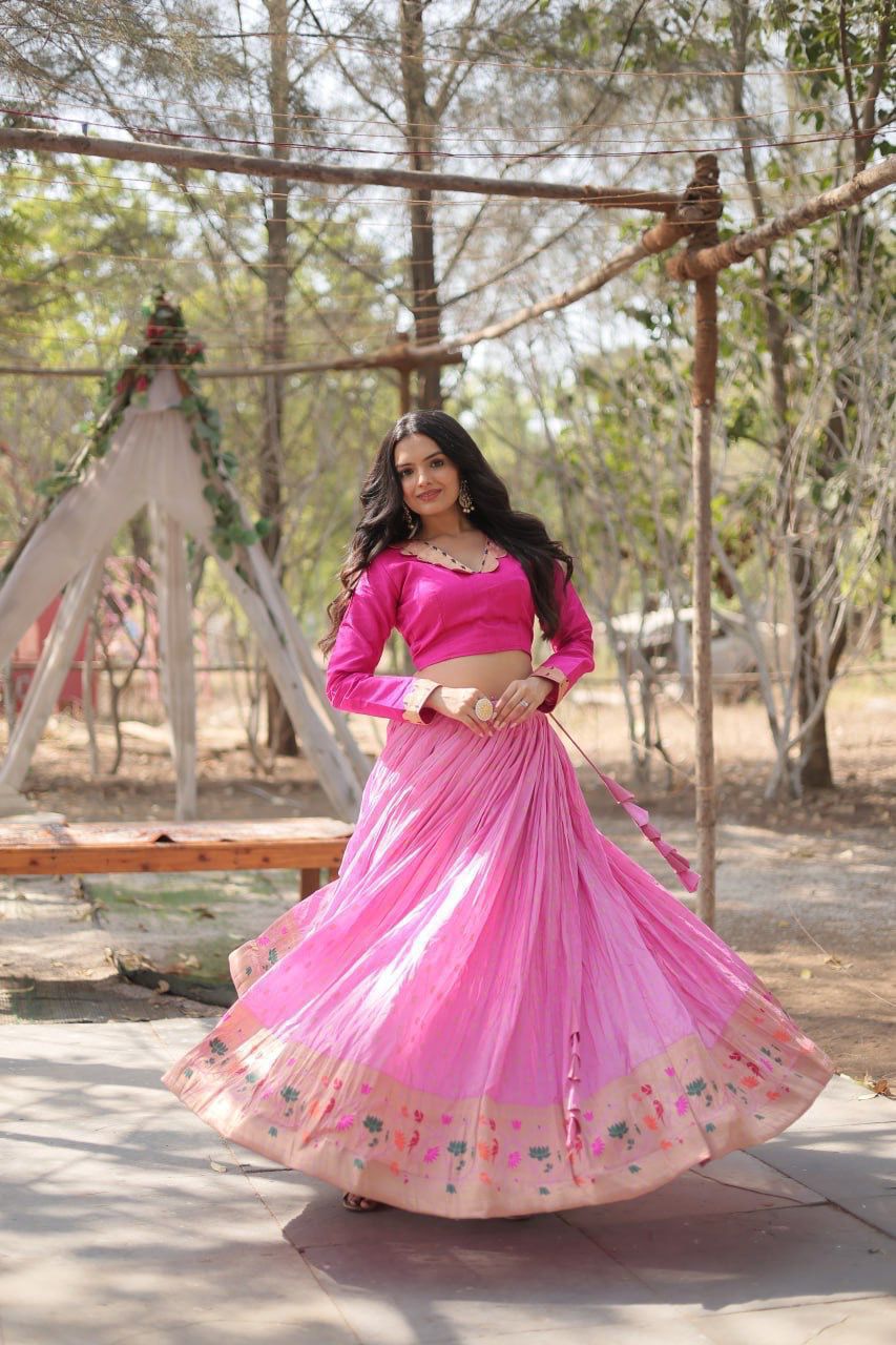 Pure dyable viscose Jacquard with Kalamkari Zari border Lehenga choli