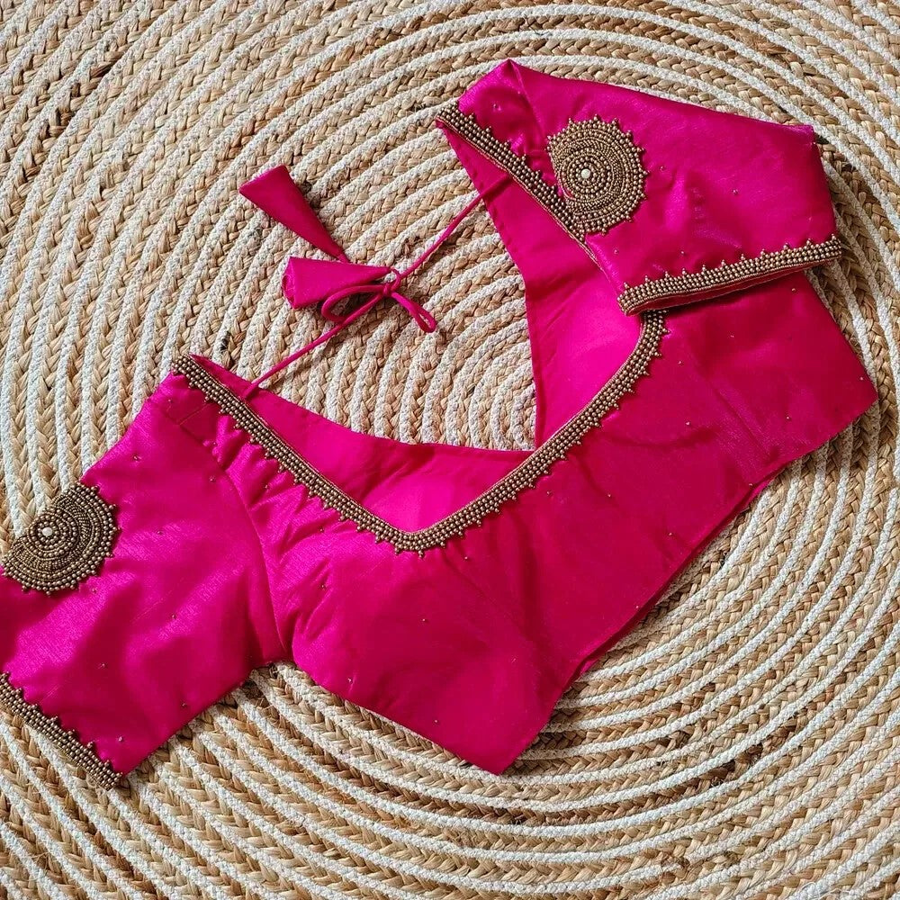 Assam silk fabric Maggam hand work Blouse V neck Women's wear Padded Saree blouse