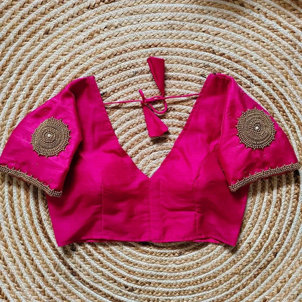 Assam silk fabric Maggam hand work Blouse V neck Women's wear Padded Saree blouse